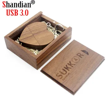 SHANDIAN USB 3.0 zdarma vlastní Logo Dřevěné Srdce + BOX Memory Stick Pen Drive 4gb 8gb 16gb 32gb 64gb Logo na míru Svatební Dary