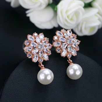 Malý Módní Zirkony Květinové Náušnice Šumivé Crystal white pearl Náušnice Pro Ženy, Svatební Šperky 2020