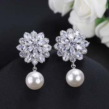 Malý Módní Zirkony Květinové Náušnice Šumivé Crystal white pearl Náušnice Pro Ženy, Svatební Šperky 2020