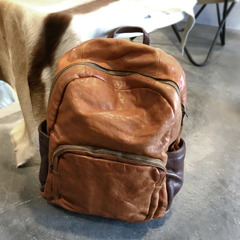 Handmade silná kůže Muži batoh velká kapacita venkovní cestovní batohy notebook batoh retro Hnědá Káva kožené tašky přes rameno