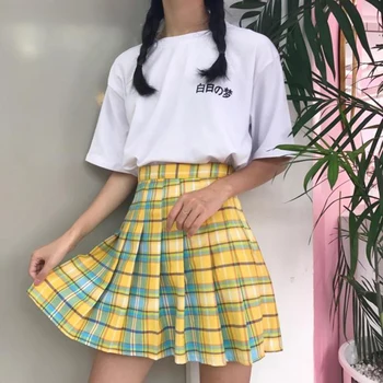 Nové! Duha Kostkované Sukni Ženy Harajuku Kawaii Mini Skládaný Sukně Korejské Jednotné Midi Sukně Roztomilý Střední Pasu Sexy Ženské Zadky