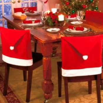 4PC Non-tkané Tkaniny Židle Kryt Vánoční Festival Jídelní Red Hat s kulovým Dekorativní Nový Rok Zpět Židle Kryt pro Kuchyň