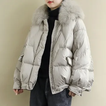 2020 Schinteon Ženy péřová Bunda s Real Fox Límec Volné oblečení svrchní korejský Styl Kabát Zimní Bundy Fashion Over Size