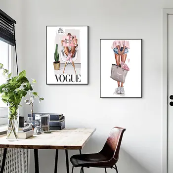 Nordic Styl Vogue Dívka Plátno Obrazy Plakáty a Tisky Umění Zdi Obraz pro Obývací Pokoj Domácí Dekoraci