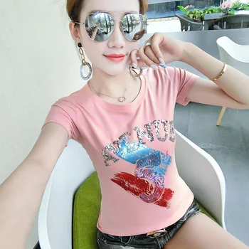 V létě roku 2019 nové módní zdobený zlacenými ženy t-shirt bavlněné s krátkým rukávem korejské T-shirt ženské divoké o-neck černé topy 26202