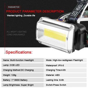 10000LM výkonné COB LED Světlomet DC Nabíjecí Hlava Svítilny Pochodeň Světlomet 18650 Baterie Vodotěsný Lov, Rybaření, Osvětlení