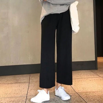 Široké Nohy Kalhoty Ulzzang Ženy Solidní Vysokým Pasem Kalhoty Skládaný Loose Ležérní Elegantní Dámské Korejský Styl