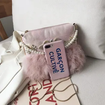 Pink & White Diamond Peří Design Malé Crossbody Tašky pro Ženy Party Spojka Taška Kabelky a Kabelky Casual Rameno Řetězce Bag