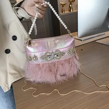 Pink & White Diamond Peří Design Malé Crossbody Tašky pro Ženy Party Spojka Taška Kabelky a Kabelky Casual Rameno Řetězce Bag