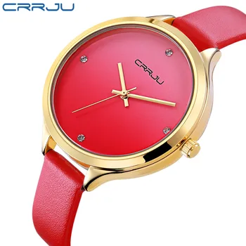 ženy hodinky Značky CRRJU Módní quartz-hodinky Ženy, hodiny relojes mujer šaty dámské hodinky Podnikání červená kůže Náramkové hodinky