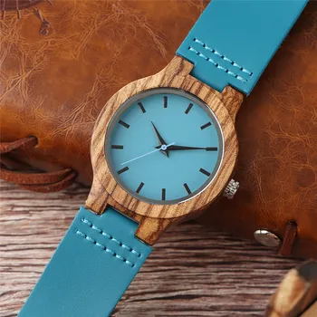Elegantní Dámy Kreativní Blue Hand-made Quartz Dřevěné Hodinky z Pravé Kůže Watchband Jednoduchý, Módní Dřevěné Hodinky, Dárek, Ženská