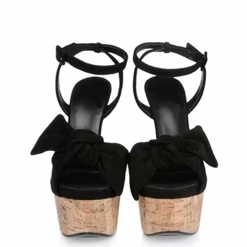Sexy Černé Uzel Motýlek Dřevěné Platformě Vysoké Podpatky Ženy Sandály výřez Peep Toe Kotník Popruh Gladiator Dámské Boty Sandály