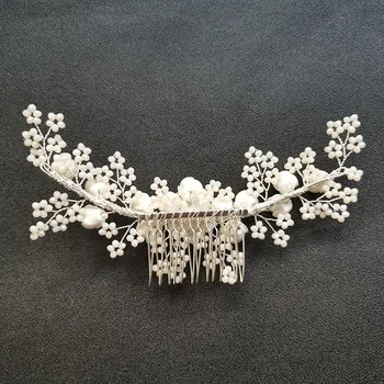 SLBRIDAL Ručně Crystal Drahokamu Perly Keramické Květinový Svatební Vlasy Hřeben Svatební Vlasové Doplňky, Družičky Ženy Šperky