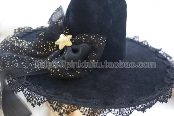 Holka, Vintage Japonské hluboké černé Gothic Lolita Halloween Čarodějnice Klobouk pokrývky hlavy Rekvizity Cosplay Party Černé hvězdy Krajky Bowknot Top hat