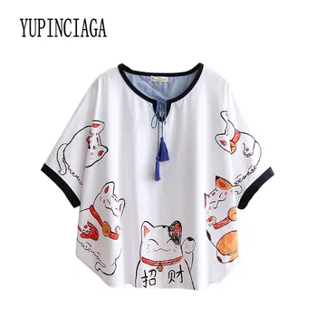 Ženy T shirt Kreslená Kočka tisk Šňůrky Femme Čínský Styl Batwing rukáv Krátký Rukáv Letní Volné Topy Tee YUPINCIAGA