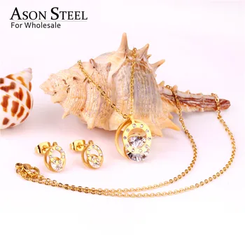 ASONSTEEL Kulaté Svatební Zirkony Šperky Sady, Přívěsek, Náhrdelník & Drop Náušnice Gold z Nerezové Oceli 316L pro Ženy