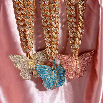 Flatfoosie Ledový, Miami Kubánské Řetěz Náhrdelník Pro Ženy Multicolor Plné Drahokamu Velký Motýl Přívěsek Náhrdelník Šperky Dárek