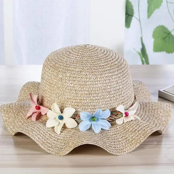 2018 Korea 6 barev Letní Děti čtyři květy Jednoduché Vlnité velký slaměný klobouk chlapci dívky Beach Čepice Rodič-dítě, sluneční klobouk
