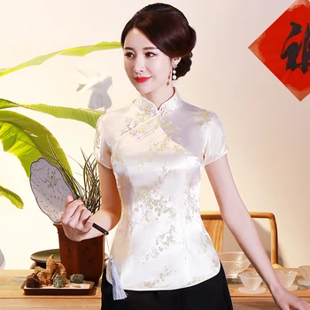Bílé Saténové Ženy Halenka Světle Fialová Květina Cheongsam-topy Mandarin Límec, Tradiční Čínské Oblečení Vintage Knoflík Košile