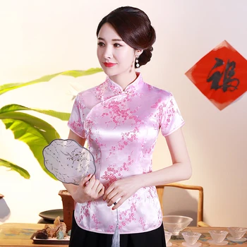 Bílé Saténové Ženy Halenka Světle Fialová Květina Cheongsam-topy Mandarin Límec, Tradiční Čínské Oblečení Vintage Knoflík Košile
