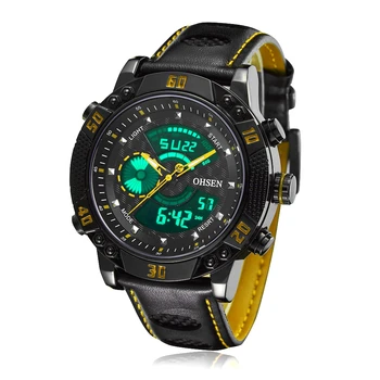 Slavné Značky OHSEN Módní Pánské Sportovní LCD Náramkové hodinky Digitální Quartz Hodinky Kožené Kapela Yellow Army Hodinky Vodotěsné Hodiny