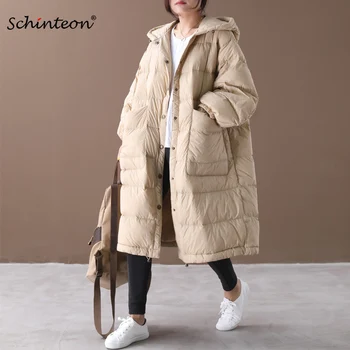 2020 Schinteon korejský Styl Ženy Dlouhý Kabát Zimní Teplé Volné Vynosit Přes Velikost Kabát Lucerna Rukávy s Kapucí