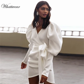 Whatiwear 2019 Puff rukáv ženy, košile, Kravata bílé v krku topy Podzim Elegantní office lady streetwear blusas ženy košile