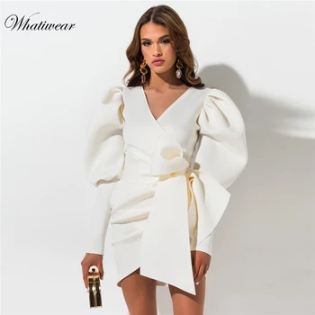 Whatiwear 2019 Puff rukáv ženy, košile, Kravata bílé v krku topy Podzim Elegantní office lady streetwear blusas ženy košile
