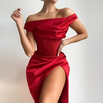 JillPeri Červené Asymetrické Rouška Midi Korzet Šaty Celebrity Elegantní Vysoké Štěrbinou Satén Jedno Rameno Ženy, Sexy Oblečení Party Šaty