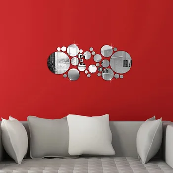 Stříbrné Kruhy Akrylové Zrcadlo Samolepky na Zeď Office 3D DIY Home Decor 30ks SZ