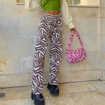 Rockmore Zebra Vzor Vysokým Pasem Dámské Džíny 90. let Streetwear Kalhoty Pytlovité Kalhoty Y2K Máma Přítel Kalhoty Denim Capris