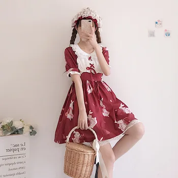 Lolita Šaty Vintage Gothic Tištěné Krajky Bílé Červené Letní Šaty Sladký Králík Roztomilé Japonské Kawaii Dívky, Princezna Panna Šaty