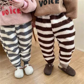 2020 winter nových dětí plus sametové polstrovaný Fleece ležérní kalhoty pruhované kalhoty pro chlapce a dívky teplé zahuštěný oblečení