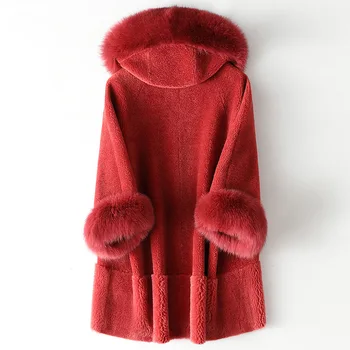 Černá Kožešina Přírodní Kožešiny Červené Módní Nové Mikiny Bundy Kabáty Zimní Vlny Fox Kožešiny Límec Dámské Stříhání Ovcí Kabát