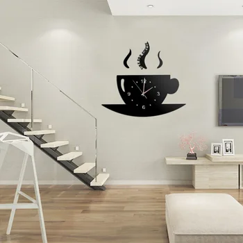 Velké Nástěnné Hodiny 3D Šálek Kávy, DIY Tichý Samolepka na Zeď Hodiny Nástěnné Hodiny Dekor Lepidlo Akryl Obývací Pokoj Zrcadlo Doma Vlastní