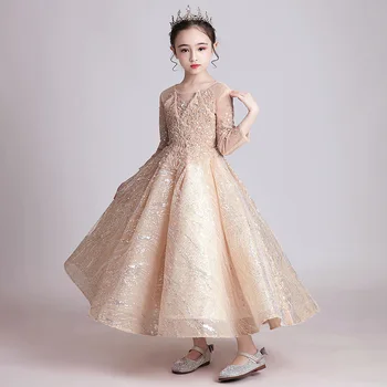 Dívky Princezna plesové Šaty HT094 O-Neck s Dlouhým Rukávem Květinové Šaty Navlékání korálků Zdobený Vestidos De Noches Para Ninas 2020