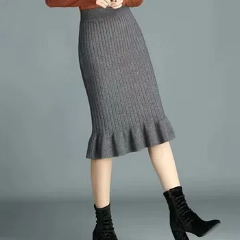 Ženy sukně plus velikosti vlny dlouhá fishtail sukně na podzim a v zimě vysoká pás all-zápas pletené tašky hip sukně ženské podzim roku 2021