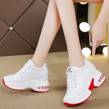 Dámské boty Neformální Platforma Kožené Tenisky Bílé Boty 8,5 CM Podpatky Podzim Klíny Prodyšný Ženy Výška Zvyšuje Boty