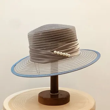 Tri-fold pás Perla dekorace, flat top, materiál PP opalovací krém pláž módní klobouk s plochou podél trávy Transparentní klobouk