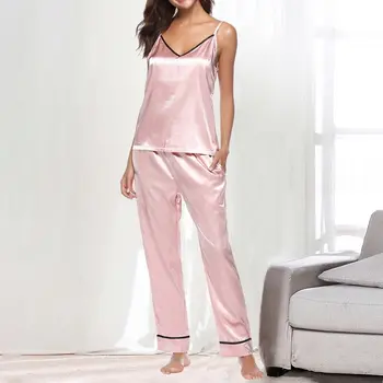 Móda Plná Barva V-neck Podvazkový Top Kalhoty Oblek dvoudílný Set oblečení pro volný čas, Sexy Prádlo 2021 Jarní Domácí Oblek Sady
