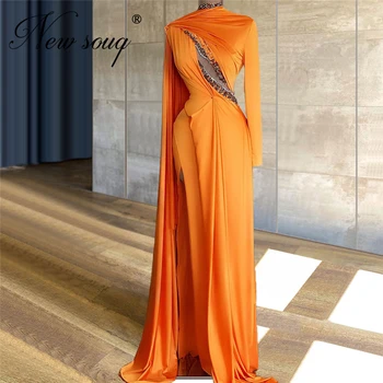 Abendkleider Oranžová Dlouho Dubaj Večerní Šaty 2021 Vestido De Festa Blízkém Východě Cut-Out Formální Ples Šaty Večerní Šaty