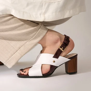 ISNOM Originální Kožené Sandály Tlusté Ženy Vysoké Podpatky Boty Žena Náměstí Toe Dámské Sandály Peep Toe Letní Boty Cross Pás
