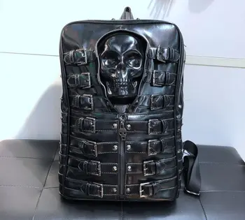 Luxusní Módní PU Kůže Muži Batoh Laptop Bag Černá Lebka Nýt Cestovní Batohy Velké Kapacity Školní Tašky 2020 Nové