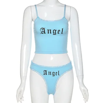 BOOFEENAA Angel Tisk Sexy Roztomilá 2 Dílná Sada spodní Prádlo Bavlna Lounge Nosit Letní Oblečení pro Ženy 2020 Sady C8 3-H99