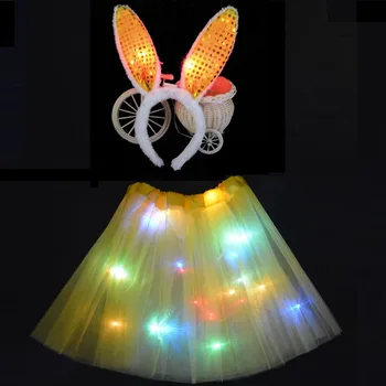 Děti Dívky Princezna Zářící LED Světlo Tutu Šaty, dětské Oblečení Čelenka Koruny Králík Bunny Kostým cosplay Narozeniny
