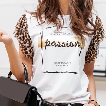 Prohrábl Dopis Tisku Leopard Women ' s T-košile v Létě O-Neck Krátký Rukáv Dámy T-shirt 2021 Nový korejský Ležérní Slim Ženské Topy