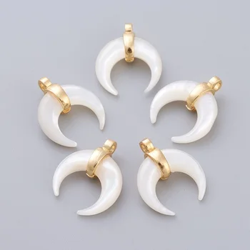 5ks Přírodní Bílá Pearl Shell Přívěsky Kouzlo Mosaz Kauci Double Horn Srpek Měsíce pro Výrobu Šperků DIY Náramek 15.5x13x5.3mm