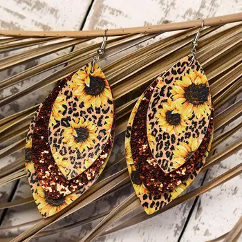 Hot hot style kožené náušnice slunečnice triple zdobený listy ve tvaru náušnice