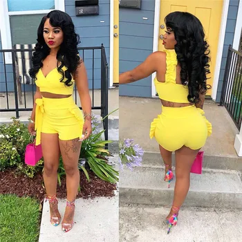 Ženy Letní Bodycon Prohrábnout Crop Top Krátké Kalhoty 2 Ks Set Žlutá Sexy V Krku Clubwear Oblečení