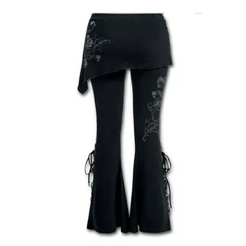Módní design Zvon Spodní kalhoty Dámské Černé Vyšívané Ležérní Obvaz Světlice Punk šněrovací Kalhoty s Elastickým Pasem